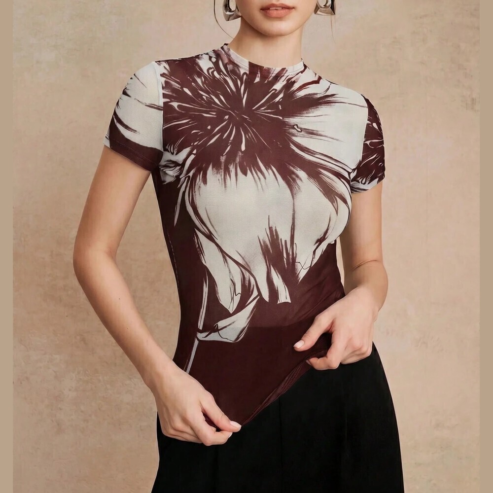 Burgundy Cream Floral Print Mesh Stand Collar Short Sleeve Fitted Top
